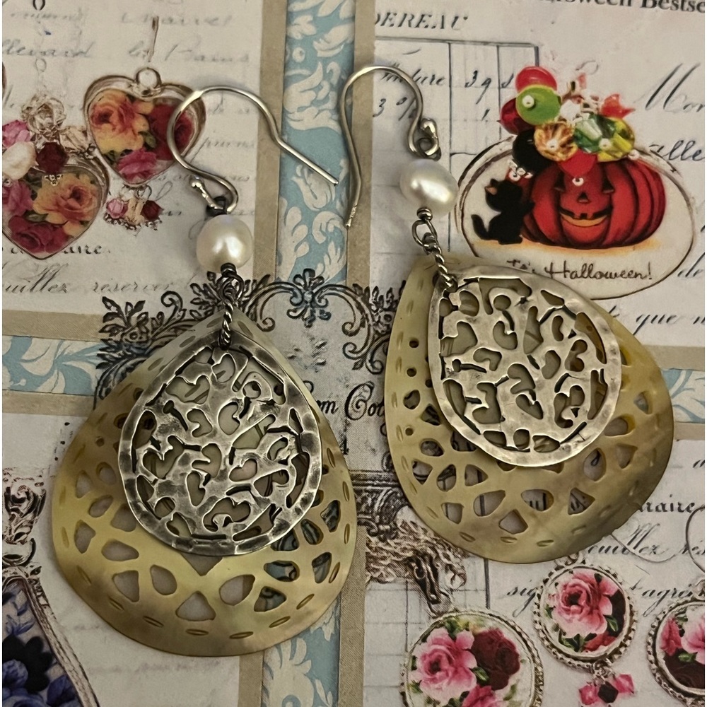 Silpada Sterling Silver Filigree Carved Shell Earrings.